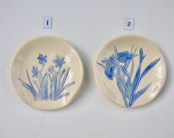 Your Choice of Ceramic Spoon rest Dish, Hand Built Hand Painted Daffodil or Iris, Free Shipping