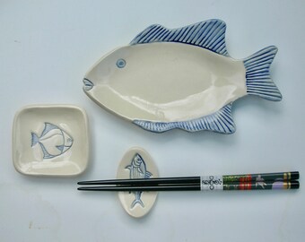 Ceramic Sushi Set, Footed, Handmade and Hand painted, Fish, Food Safe