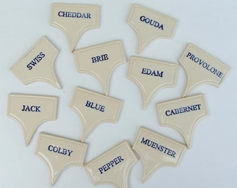 Ceramic Cheese Markers, Your Choice of Set with Name or Blank, Handmade, Food Safe Glaze