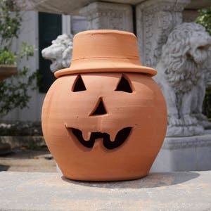 Handcrafted Clay 2 Gallon Terra Cotta Jack-o'lantern Pumpkin with Hat from Craven Pottery image 1