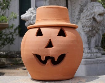 Handcrafted Clay 2 Gallon Terra Cotta Jack-o'-lantern Pumpkin with Hat from Craven Pottery