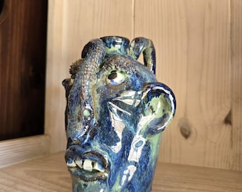 Folk Art Pottery Face Jug with Snake by Billy Joe Craven | 9" x 6"