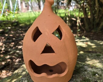 Handmade Folk Pottery Jack O'Lantern Luminary | Georgia Red Clay Pumpkin Halloween Decor