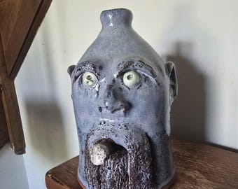 Handmade Pottery Mottled Blue Cigar Smoker Face Jug by Billy Joe Craven | 8.25" x 6"