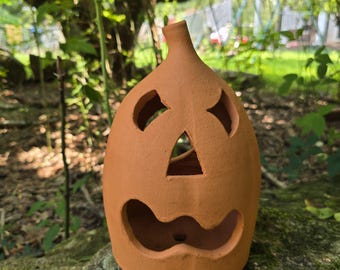 Handmade Folk Pottery Jack O'Lantern by Harold Ferguson | Georgia Red Clay Pumpkin Luminary | Halloween Decor | Gillsville GA Pottery | 11"