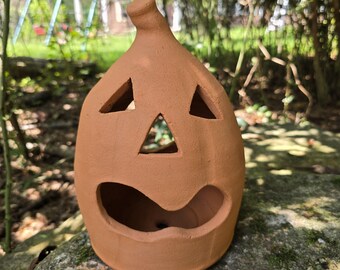 Handmade Folk Pottery Jack O'Lantern Luminary | Georgia Red Clay Pumpkin Halloween Decor
