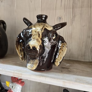 May include: A ceramic jug shaped like a goat head with a glossy dark brown and cream glaze. The vessel features two protruding ears, a snout with two nostrils, and a small opening at the top. The surface has a reflective finish throughout.