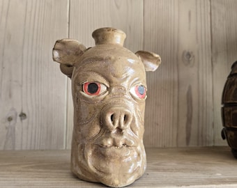 Folk Art Handmade Pig Monster Face Jug Pottery by Savannah Craven | 8.5" x 6"