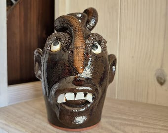 Folk Art Pottery Face Jug with Snake by Billy Joe Craven | 10" x 6"