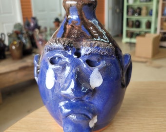 Sad Eyeless Cobalt Blue and Brown Glazed Crying Eyes Face Jug with Tears by Billy Joe Craven | 7.75" x 6"