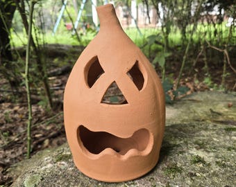 Handmade Folk Pottery Jack O'Lantern Luminary | Georgia Red Clay Pumpkin Halloween Decor