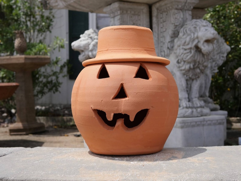 Handcrafted Clay 2 Gallon Terra Cotta Jack-o'lantern Pumpkin with Hat from Craven Pottery image 1