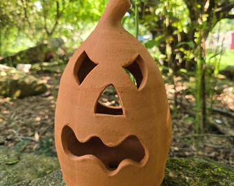Handmade Folk Pottery Jack O'Lantern by Harold Ferguson | Georgia Red Clay Pumpkin Luminary | Halloween Decor | Gillsville GA Pottery | 11"
