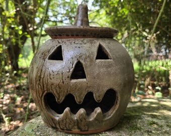 Brown Rustic Pottery Jack-o'-lantern Pumpkin with Witch Hat by Mike Craven