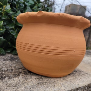 May include: A terracotta-colored, round flower pot with a ruffled rim. The pot has three horizontal, carved lines around the middle. The pot is sitting on a stone surface, with green foliage in the background. A decorative container for plants.
