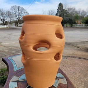 May include: Terracotta planter with multiple holes for planting. The planter is a light brown color and has a rounded shape.
