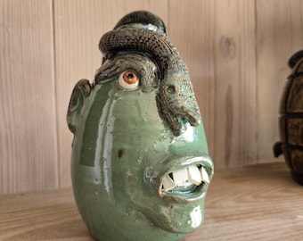 Folk Art Pottery Face Jug with Snake by Billy Joe Craven | 10" x 6"
