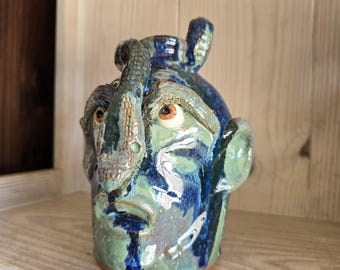 Folk Art Pottery Face Jug with Snake by Billy Joe Craven | 10" x 6"