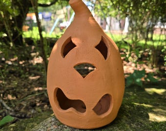 Handmade Folk Pottery Jack O'Lantern by Harold Ferguson | Georgia Red Clay Pumpkin Luminary | Halloween Decor | Gillsville GA Pottery | 11"
