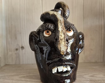 Folk Art Pottery Face Jug with Snake by Billy Joe Craven | 10" x 6"