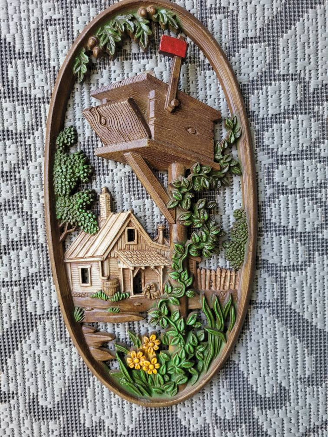 Sexton 1975 Oval Cast Metal Wall Decor With Mailbox and Cabin Etsy