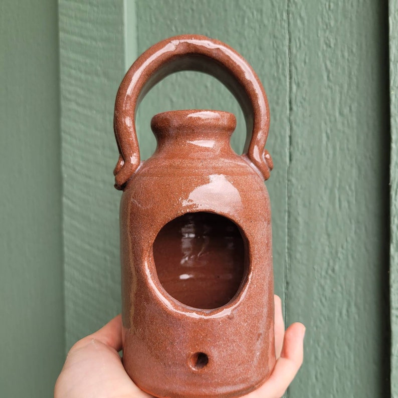 Brown Glazed Pottery Jug Bird House by Savannah Craven 7.5 x 3.5 image 1