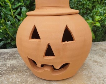 Large Terra Cotta Jack-o'-lantern Pumpkin with Hat from Craven Pottery | 12.5" Tall
