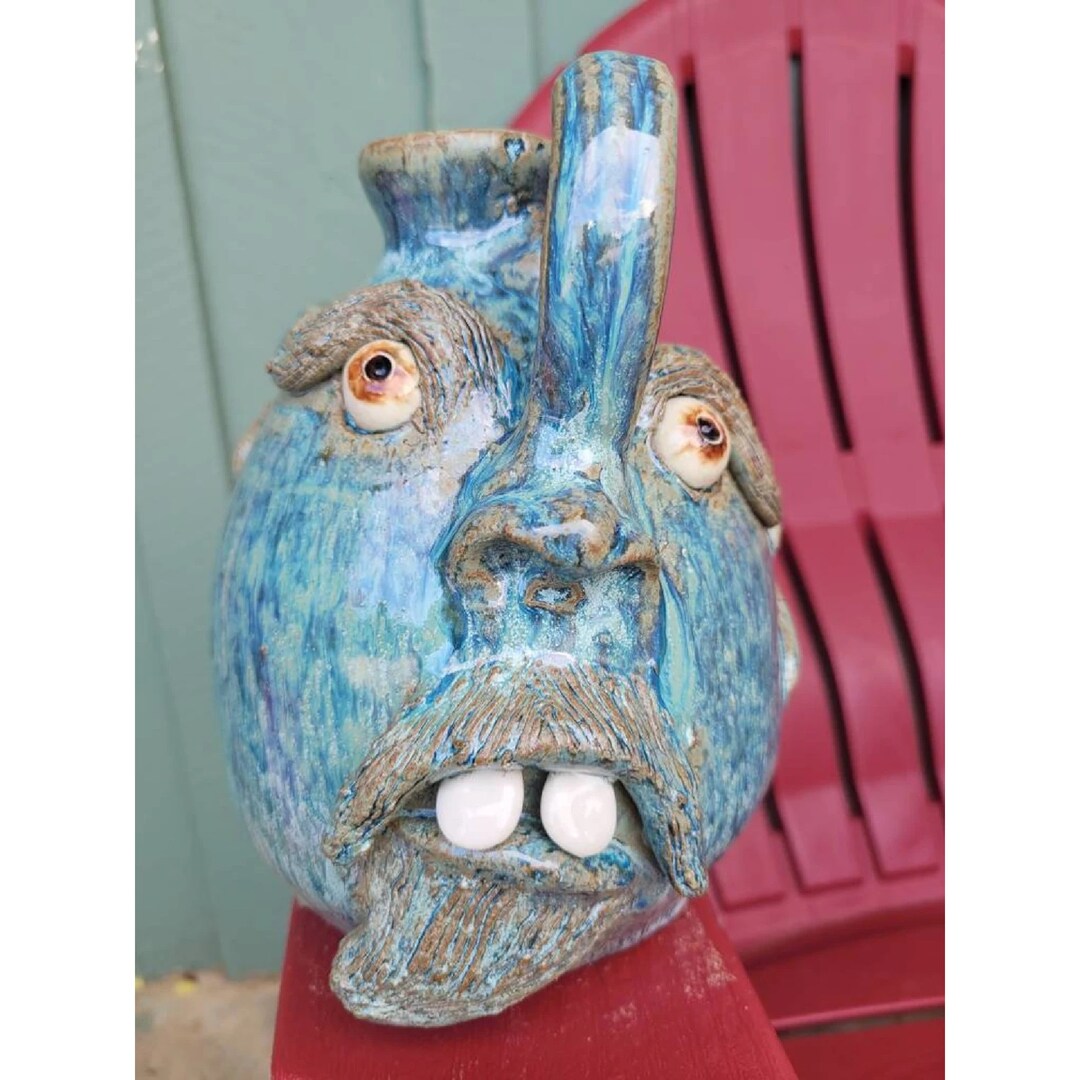 Handmade Clay Folk Art Pottery Ceramic Face Jug With Nose Handle by Billy Joe Craven 7.5 X 5.5