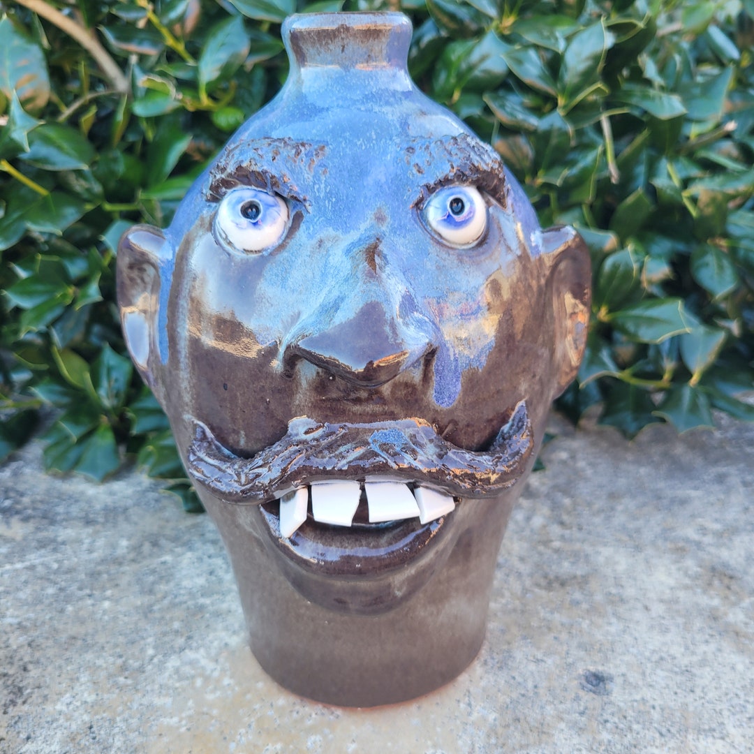 Folk Pottery Blue and Brown Face Jug by Billy Joe Craven 9 X 6 Etsy