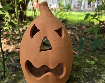 Handmade Folk Pottery Jack O'Lantern | Harold Ferguson Georgia Red Clay Pumpkin Luminary