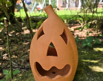 Handmade Folk Pottery Jack O'Lantern by Harold Ferguson | Georgia Red Clay Pumpkin Luminary | Halloween Decor | Gillsville GA Pottery | 11"