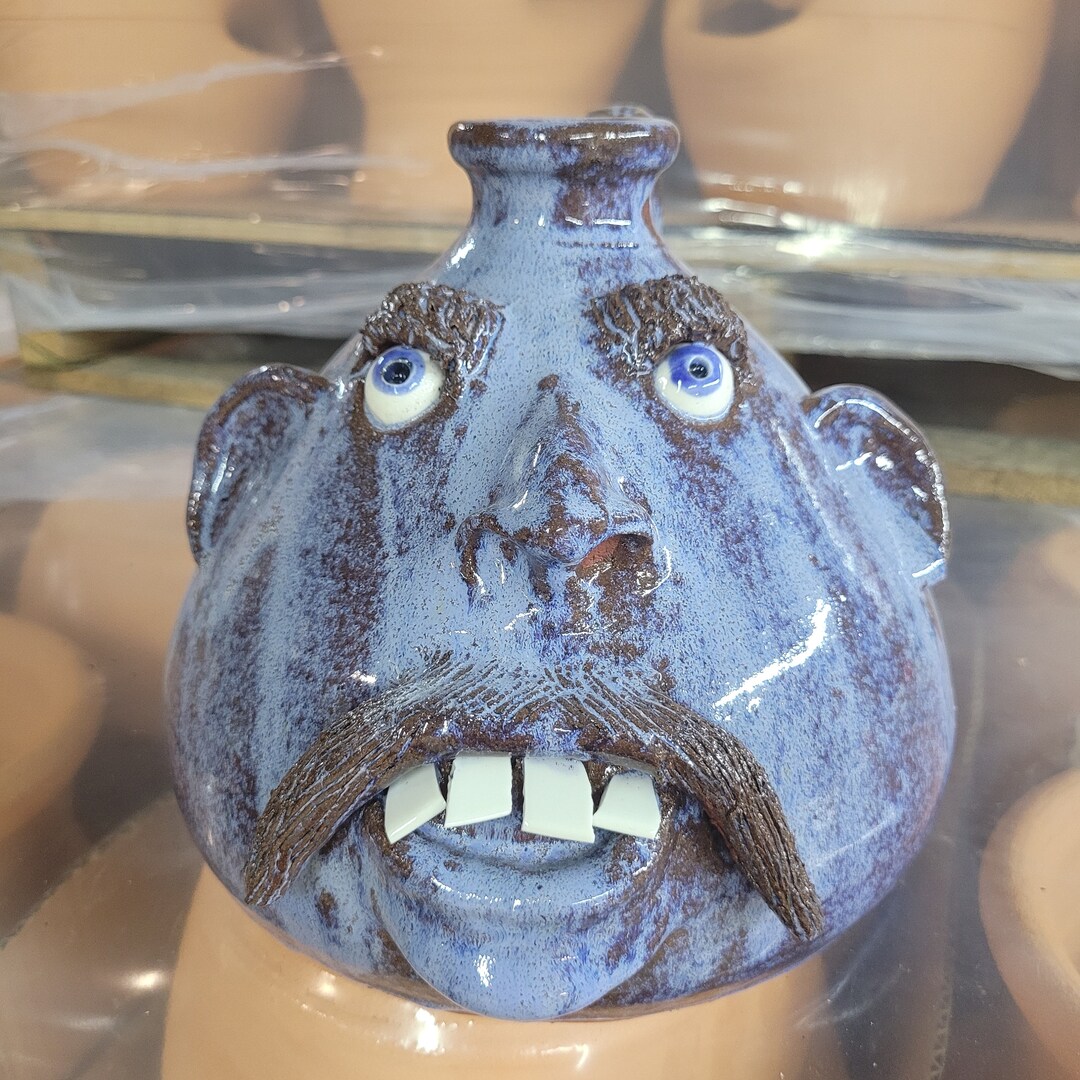Handmade Clay Mottled Blue Glazed Buggy Ceramic Face Jug by Billy Joe Craven 7.5 X 7.75 Etsy