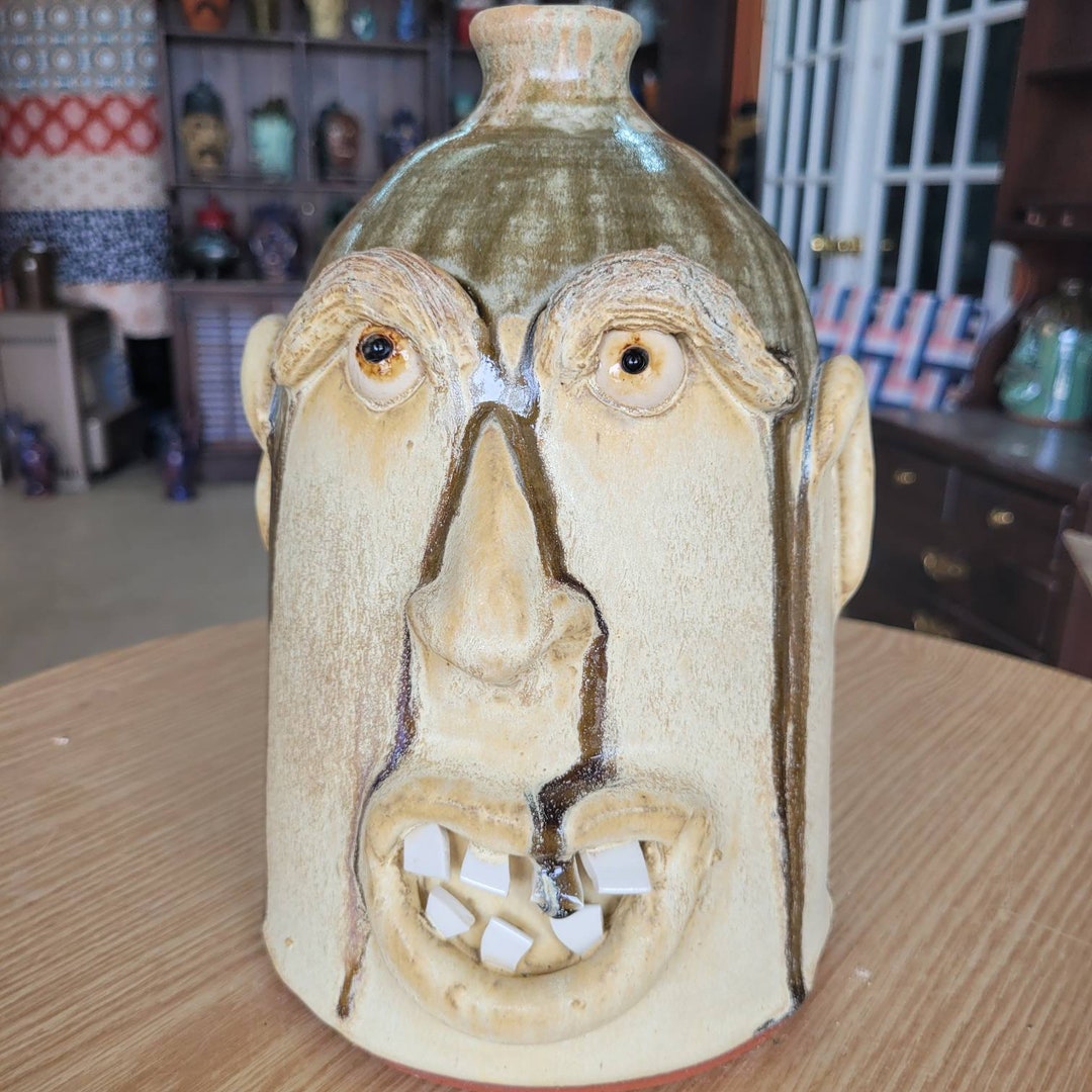 Handmade Pottery Rustic Tan and Tobacco Spit Glazed Face Jug by Billy Joe Craven 9.5 X 6.5 Etsy