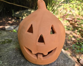 Handmade Terra Cotta Grinning Jack-o'-lantern Rustic Clay Pumpkin | 12" Tall