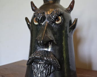 Handmade Folk Pottery Pewter Gray Glazed Devil Face Jug by Billy Joe Craven | 8" x 5.5"