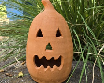 Handmade Terra Cotta Jack-o'-lantern Red Clay Pumpkin | 14.5" Tall