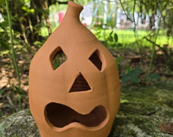 Handmade Folk Pottery Jack O'Lantern by Harold Ferguson | Georgia Red Clay Pumpkin Luminary | Halloween Decor | Gillsville GA Pottery | 11"