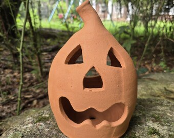 Handmade Folk Pottery Jack O'Lantern by Harold Ferguson | Georgia Red Clay Pumpkin Luminary | Halloween Decor | Gillsville GA Pottery | 11"