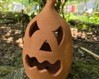 Handmade Folk Pottery Jack O'Lantern by Harold Ferguson | Georgia Red Clay Pumpkin Luminary | Halloween Decor | Gillsville GA Pottery | 11"