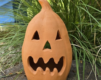 Handmade Terra Cotta Jack-o'-lantern Red Clay Pumpkin | 11" Tall