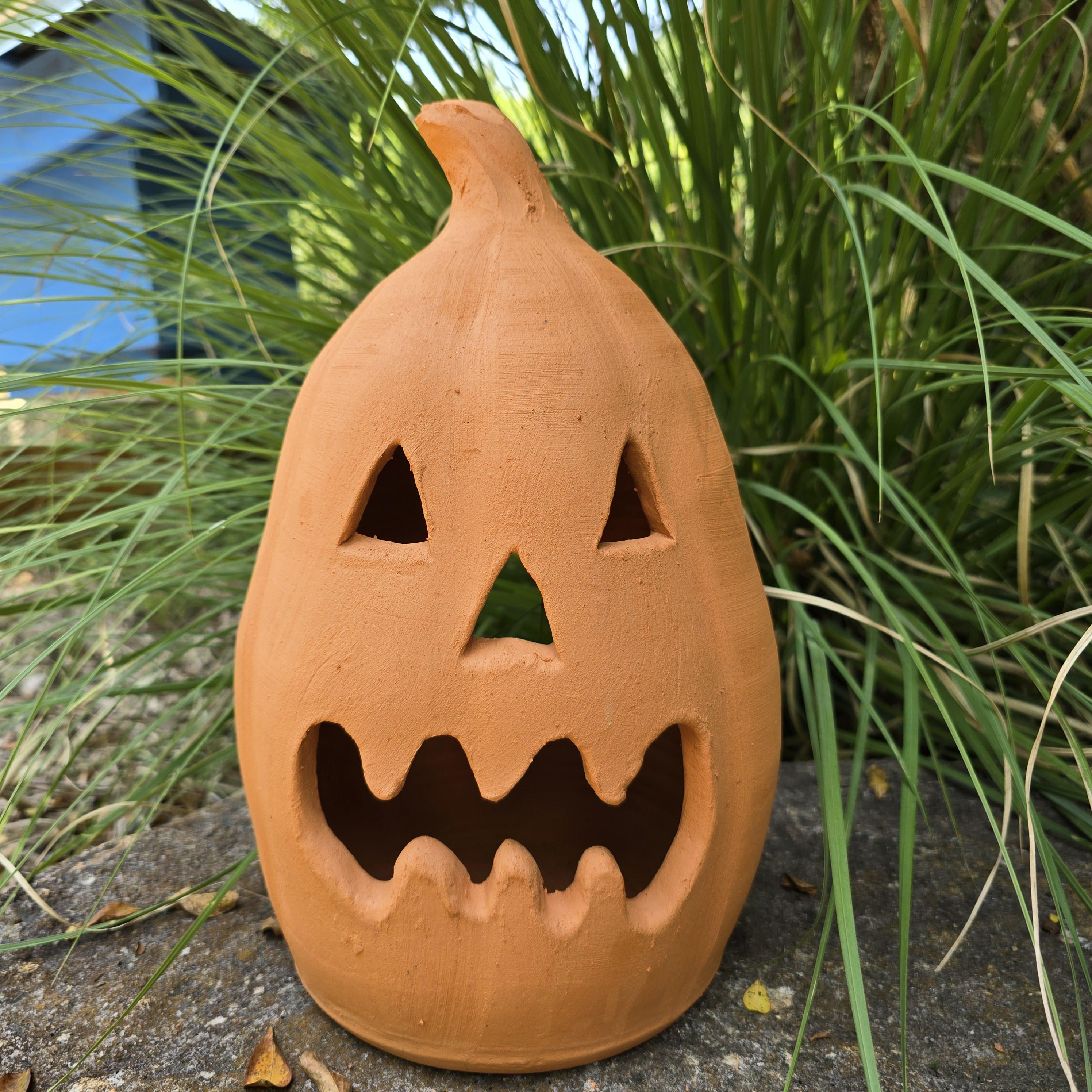 Handmade Terra Cotta Jack-o'-lantern Red Clay Pumpkin 11" Tall