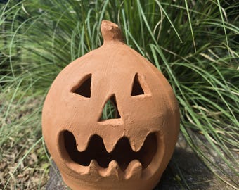 Handmade Terra Cotta Jack-o'-lantern Red Clay Pumpkin | 12" Tall