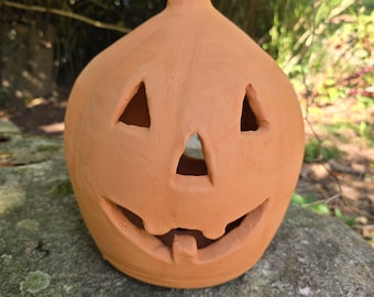 Handmade Terra Cotta Smiling Jack-o'-lantern Red Clay Pumpkin | 12" Tall