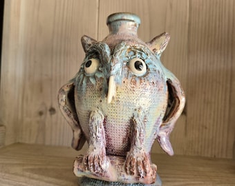 Colorful Folk Art Owl Pottery Jug by Billy Joe Craven | 8.5" x 6"