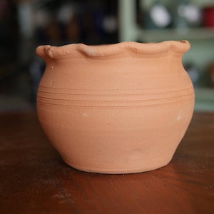 May include: A terracotta flower pot with a wavy rim and three horizontal lines around the middle.