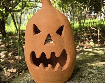 Handmade Terra Cotta Jack-o'-lantern Red Clay Pumpkin | 14.5" Tall