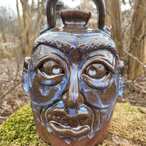 Folk Art Red Clay Face Jug: Blue & Brown Glazed Stash Jug by Savannah Craven