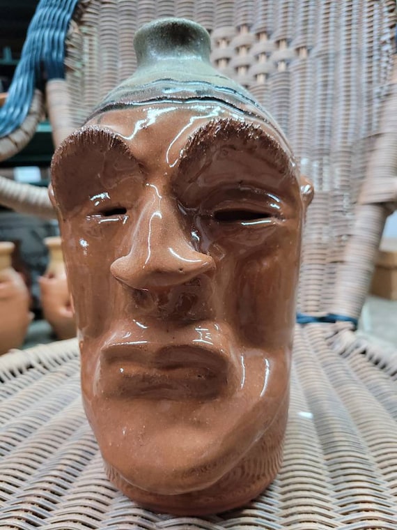 tobacco glaze Eyeless Brown With Tobacco Spit Glaze Face Jug by Billy Joe Craven