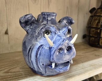 Handmade Pig Wild Boar Face Jug | Folk Art Pottery by Billy Joe Craven | 7" x 6"