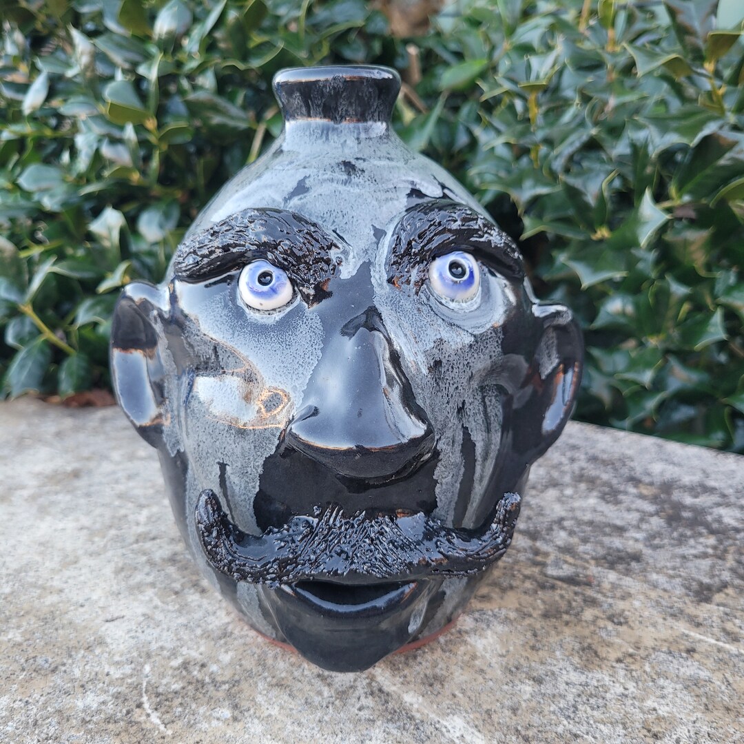 Pottery Black and Gray Face Jug With Round Nose Outsider Folk Art Ceramic by Billy Joe Craven 8